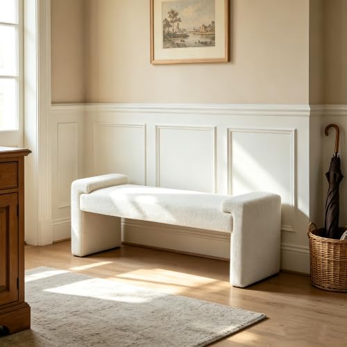 Upholstered Entryway Bench, 43" Modern Bedroom Bench, White | Sherpa Fleece, Curved Armrests, Solid Wood Frame, End of Bed, Bedroom, Living Room, Hallway - color: White-sherpa, size: 43"