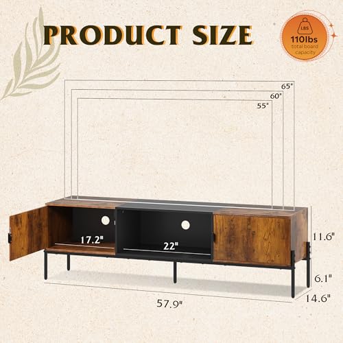 WLIVE 58" TV Stand for 65 Inch TVs, Mid Century Modern Entertainment Center with 2 Storage Cabinets & Open Shelf, Media Console Table with Metal Legs for Living Room, Bedroom, Rustic Brown - color: Rustic Brown