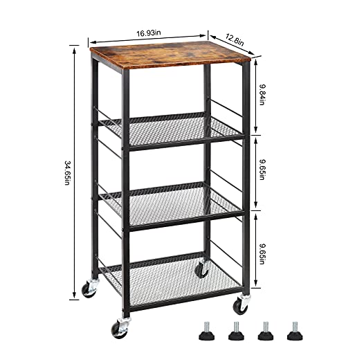 CADUKE Kitchen Storage Cart Baker's Rack 4-Tier Industrial Wood | Kitchen Island Stand, Serving Bar Cart, on Wheel, MDF, End Side Table Storage, Trolley Rack, for Bedside, Bathroom, Office
