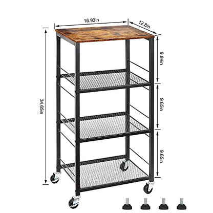 CADUKE Kitchen Storage Cart Baker's Rack 4-Tier Industrial Wood | Kitchen Island Stand, Serving Bar Cart, on Wheel, MDF, End Side Table Storage, Trolley Rack, for Bedside, Bathroom, Office