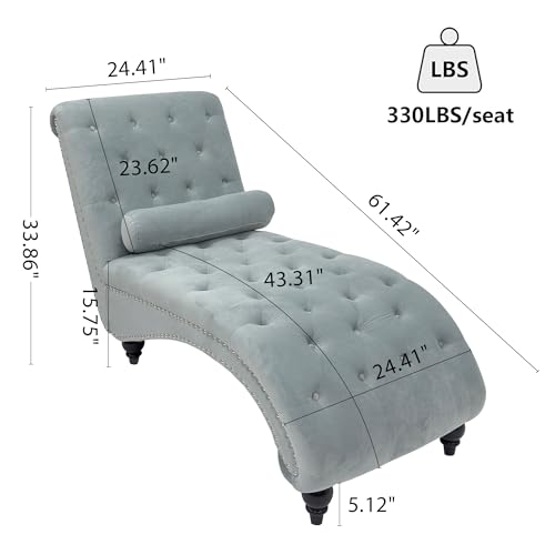 Button-Tufted Chaise Lounge Indoor, Velvet Chaise Lounge Chair with Legs & Toss Pillow, Armless Rolled Backrest Leisure Sofa Recliner for Living Room Bedroom (Gray) - color: Grey