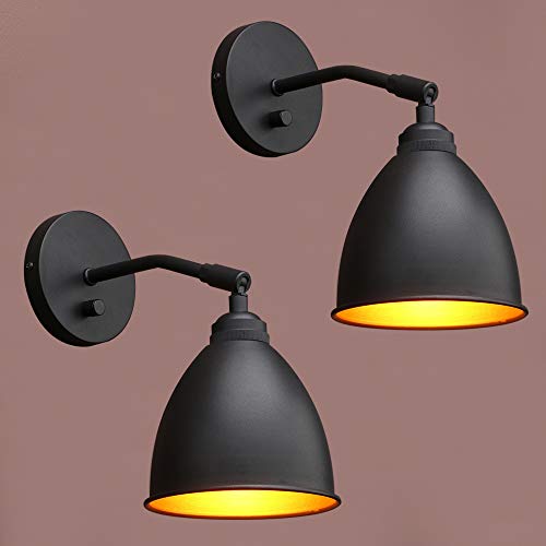 Vintage Wall Sconce Bookcase Light, 2-Pack Dimmable On Off Switch Hardwired Industrial Mount Metal Fixture Lighting Lamp with 6.1" Oval Black Metal Shade in-Build Gold Reading Light for Bed - color: Black