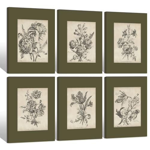 Vintage Floral Wall Art Sketch Flower Prints Antique Botanical Canvas Wall Art Decor Vintage Etchings Floral Poster Green Botanical Painting Sage Green Artwork for Bedroom 12x16x6 Inch Wrapped Canvas - color: Sketch Flower Art, size: 12x16 Inch Wrapped Ca