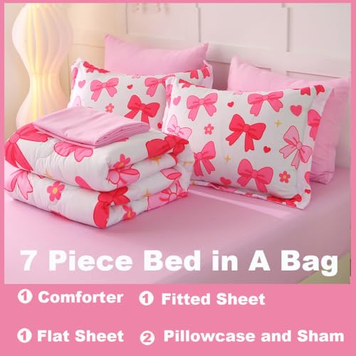 7 Piece Pink Bow Bedding Set for Girls Kids Full Size Bowknot Comforter Set Super Soft Cute Bed in a Bag Microfiber Lightweight Bed Set for Teens Room Decor - color: Bow, size: Full