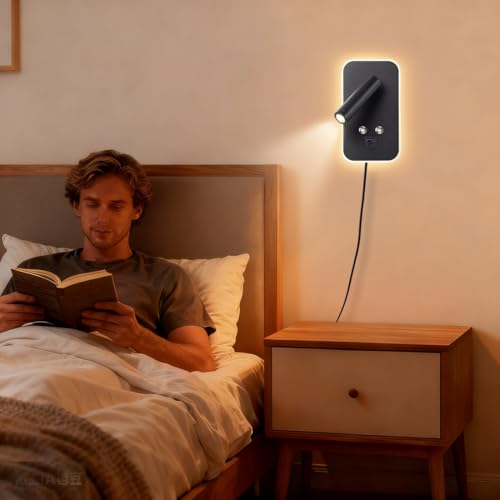 Wall-Mounted LED Bedside Reading Light Plug-in, with USB Charging Port, Stepless Touch Dimming, 3000K Warm Ambient Lighting Wall Lamp Sconce for Bedroom, Eye-Caring Bedroom Lighting (Black) - color: Black (with plug)