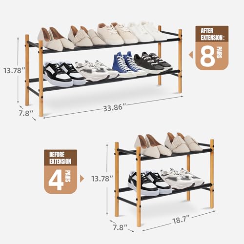 STORAGE MANIAC Expandable Shoe Rack, 8 Pairs Stackable Small Shoe Rack, Metal Adjustable Shoes Organizer for Closet, Entryway, Hallway, Garage, Front Door, Shoes Shelves, Bamboo 2 Tier - size: 2 Tier