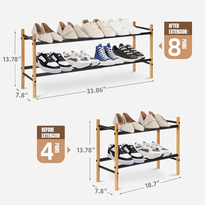 STORAGE MANIAC Expandable Shoe Rack, 8 Pairs Stackable Small Shoe Rack, Metal Adjustable Shoes Organizer for Closet, Entryway, Hallway, Garage, Front Door, Shoes Shelves, Bamboo 2 Tier - size: 2 Tier
