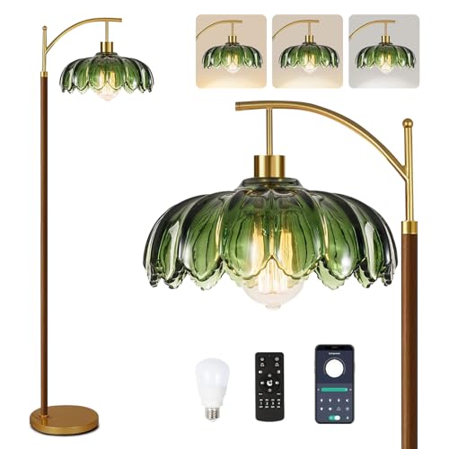 ILLMTW Wood Floor Lamp for Living Room,Bedroom,Glass Mid Century Modern Standing Lamp with Remote Dimmable,Vintage Gold Arc Tall Lamp Green Flower Lamp Shade Floor Lights Boho Bohemian Tiffany Style - size: 5-Floor Lamp
