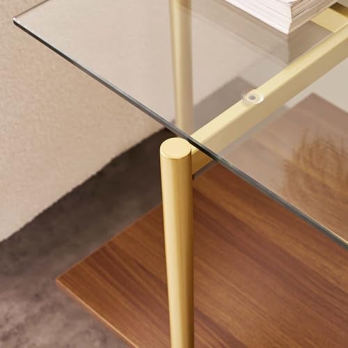 LumFurn Square Glass End Table, Mid-Century Modern Side Table for Living Room, L18xW18xH23inch, Clear Glass and Walnut MDF Wood, Gold Finish Frame - color: L18" Clear & Walnut