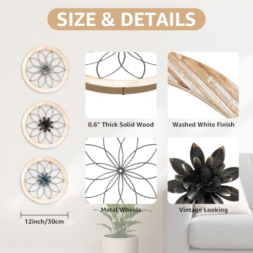 Paquesta 3 Piece Round Farmhouse Wall Decor with 6 Piece Interchangeable Flowers 12'' Medallion Wood & Metal Rustic Wall Art for Living Room Bedroom Kitchen Bathroom Dining Room Home Decorations - color: white wheel