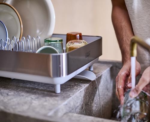 Joseph Joseph Extend Steel Plus Extendable Dish Rack Steel, Small to Large Dish Drainer with Wine Glass Holder & Drain Spout - color: Light Stone, style: Plus