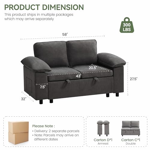 WUTUTUEE 58" Modular Sectional Loveseat Couch with Storage, Modern 2 Seater Sofa, Chenille Modular Sectional Love seat Couches for Living Room, Bedroom, Office, Small Apartment, Dark Grey - color: Dark Grey, size: 2 seat sofa