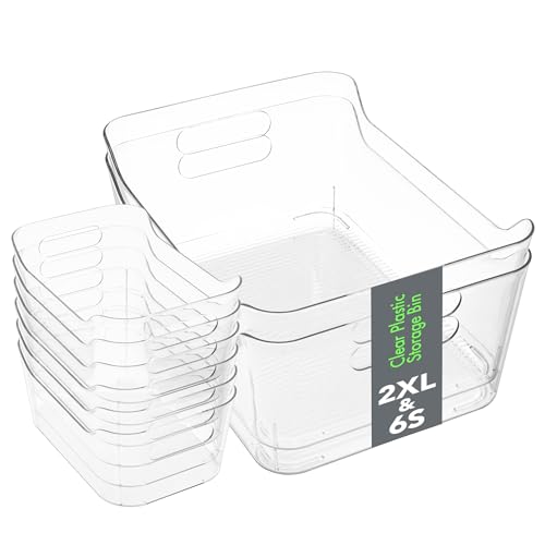 Tiawudi Set of 8 Clear Plastic Storage Bins, 2 Extra Large and 6 Small Storage Containers for Pantry Organization, Multi-Use Organizer Bins for Home, Kitchen, Cabinet, Bathroom, Fridge & Freezer