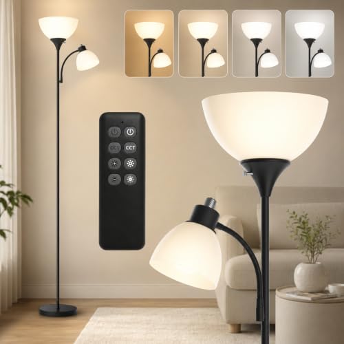 GERGO 2-in-1 Torchiere Floor Lamp, 11W+7W 2100LM Super Bright Dimmable LED Lamp with Remote & Touch Control, 3000K-6000K Adjustable Tall lamp for Living Room, Bedroom, (Matte Black) - color: Matte Black