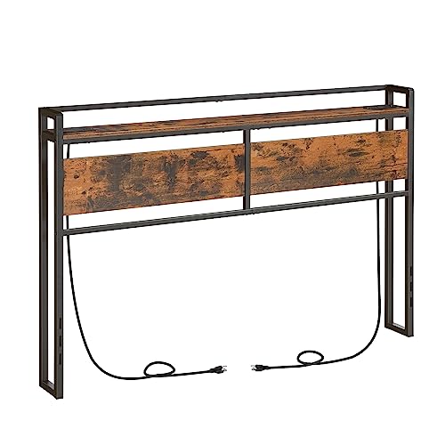 HOOBRO Headboard Queen Size, Headboard with 2 Outlets and 4 USB Ports, Adjustable Height, Storage Rack, Sturdy and Stable, Easy Assembly, Rustic Brown and Black - color: Rustic Brown + Black, size: Queen