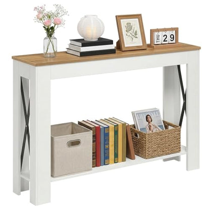 Farmhouse Console Table, 39.4'' Small Narrow Entryway Table, Wood Couch Table Behind Sofa with Storage Shelf, Slim Farmhouse Hallway Table for Hallway, Foyer, White & Light Walnut CT34WV - color: White + Light Walnut