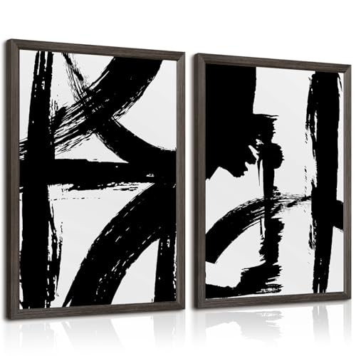 Black and White Wall Art Abstract Modern Painting Minimalist Line Canvas Wall Art Decor Black And White Poster Abstract Artwork Prints for Living Room Bedroom 16x24 Inch Framed Set of 2 - color: Black Lines Prints, size: 16x24 Inch Brown Framed