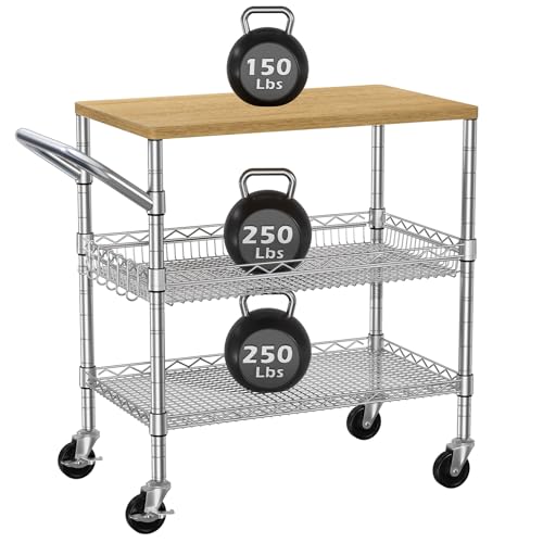 3 Tier Rolling Kitchen Carts on Wheels with Storage,650Lbs Heavy Duty Utility Carts with Wheels,Kitchen Island with Wood Tabletop,Metal Serving Rolling Cart for Small Appliance Food Cart,Wood+Metal - color: Wood+chrome