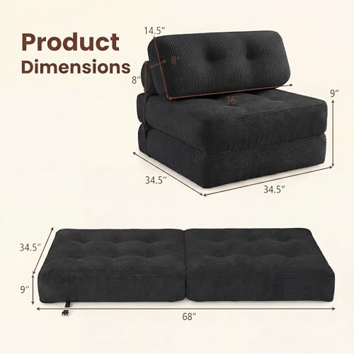 COSTWAY Folding Sofa Bed with Pillow, Convertible Couch (Black) | with Backrest & Fixing Straps, Boneless Convertible Sleeper Chair for Adults, Guest Use, Living Room - color: Black