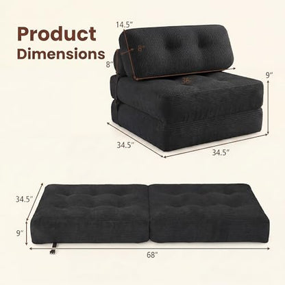 COSTWAY Folding Sofa Bed with Pillow, Convertible Couch (Black) | with Backrest & Fixing Straps, Boneless Convertible Sleeper Chair for Adults, Guest Use, Living Room - color: Black