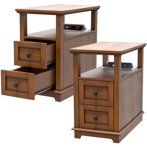 HIFYOBRO End Table with Flip Top Charging Station Set of 2 | Narrow Side Table with 2 Drawers, Type-C & USB Port & Power outlets, Wooden Nightstand for Living Room and Bedroom - color: Glossy Brown, size: 1 Set
