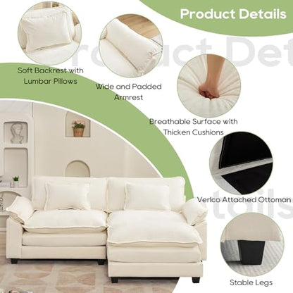 86" Modular Sectional Sofa, Comfy Deep Cloud Couch with Ottoman | L-Shaped Couches for Living Room, Modular Couch, Deep and Wide Seat, Chenille Sofa Sleeper with Throw Pillows, Beige White - color: Beige White, size: 86 Inch L