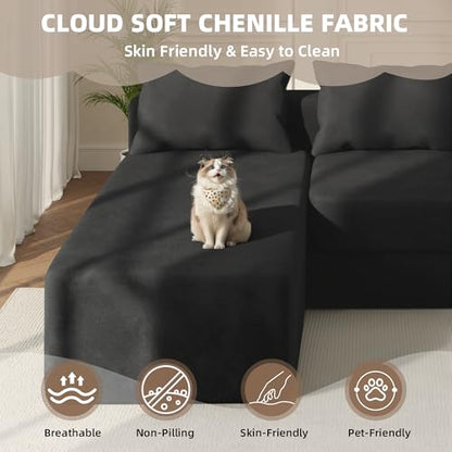 Boneless Sectional Couch, 4 in 1 Convertible Cloud Couch with Reversible Chaise & Deep Seat, Modular Sectional Sofa for Apartment, No Assembly Chenille Foam Couch in a Box, Black - color: Black, size: 89" Convertible Chaise Chenille