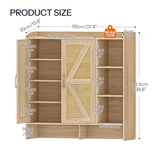 HOOBRO Shoe Cabinet for Entryway, Rattan Shoe Storage Cabinet with Doors, 4-Tier Freestanding Shoe Organizer with Side Cabinet, Large Capacity Wooden Shoe Cabinet, Natural NL95SC01
