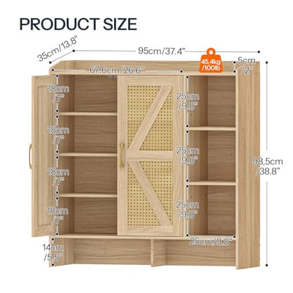 HOOBRO Shoe Cabinet for Entryway, Rattan Shoe Storage Cabinet with Doors, 4-Tier Freestanding Shoe Organizer with Side Cabinet, Large Capacity Wooden Shoe Cabinet, Natural NL95SC01