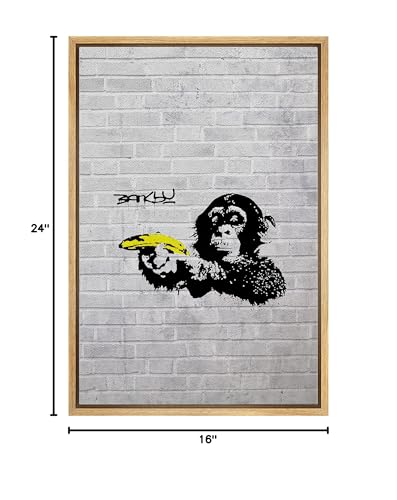 wall26 Framed Canvas Print Wall Art Banksy British Artist Spray Paint Monkey Banana Gun Graffiti & Street Art Urban Illustrations Modern Art Scenic for Living Room, Bedroom, Office - 16"x24" Natural - color: A12-2204-eva25, size: 24"L x 16"W