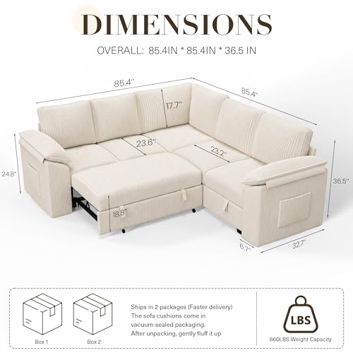 Modular Sectional Sofa with Pull Out Bed, L Shaped Sectional Couches | Corduroy 5 Seat Sectional Sleeper Sofa with Storage & Side Pockets, Comfy Sleeper Sofa for Living Room, Apartment - color: Beige, size: L-shaped 5 Seats