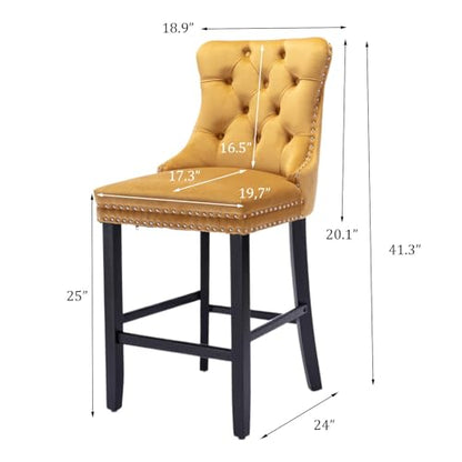 Modern Velvet Upholstered Bar Stools Set of 2 with Wood Legs, Button Tufted,Chrome Nailhead, Counterstool Seat, Armless Bar Chairs (Gold) - color: Gold, size: Set of 2