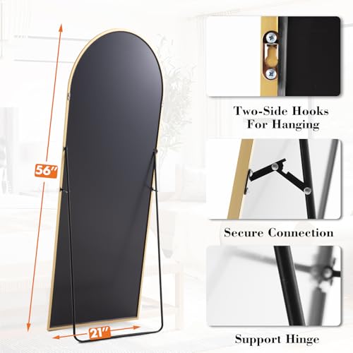 Sweetcrispy 56"x21" Arched Full Length Mirror, Full Body Mirror, Gold | Aluminum Alloy Thin Frame, Floor or Standing, Suitable for Bedroom, Living Room, Cloakroom - color: Gold-arched, size: 56"L x 21"W