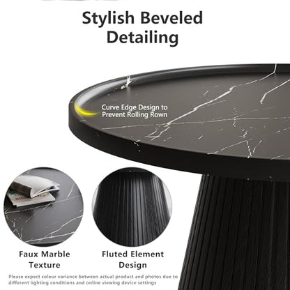 win2win Nesting Coffee Table Set of 2 with Marble Veneer, Black | Modern Round Tea Table and End Table Set, Minimalist Wood Center Tables for Living Room, Office, Fluted Design