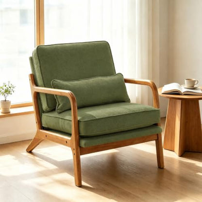 Karl home Mid-Century Modern Accent Reading Chair, Green | Linen Upholstered, Solid Wood Frame, Soft Cushion, Lumbar Pillow, Lounge Armchair for Living Room, Bedroom, Balcony, Study - color: Linen Green