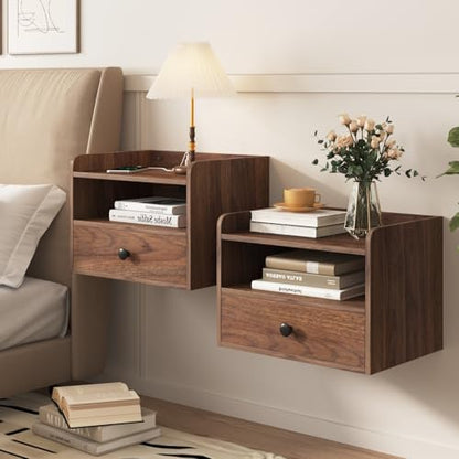 Floating Nightstand Set of 2 Modern Night Stands with Drawer and Open Shelf | Cubby Small Bedside End Table with Charging Station Wall Mounted Nightstands Set 2 for Bedroom Brown Walnut - color: Brown