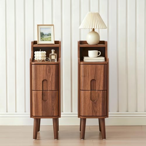 FurSch Narrow Nightstand, Wooden 2 Drawer, Walnut, Set of 2 | Slim Side End Table, Skinny Bedside Table, Mid Century Modern, With Drawers for Bedroom - color: Walnut 3-2 Pcs