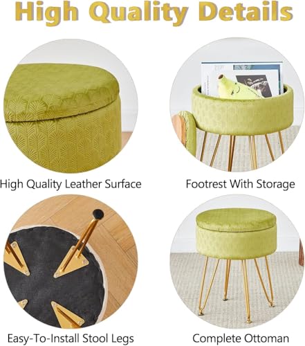 Cpintltr Velvet Storage Ottoman Round Footrest Stool Multifunctional Upholstered Ottoman Modern Accent Vanity Stools Tray Top Coffee Table Suitable for Living Room Bedroom Entryway Macha Green - color: Macha Green