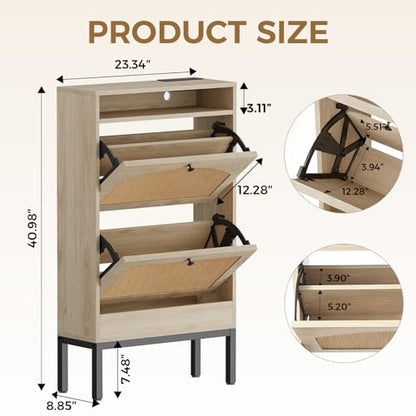 LUCKLIFE Shoe Cabinet with Charging Station, Flip Down Shoe Storage Organizer with Adjustable Shelves, Hidden Slim Shoe Rack with Anti-Tip Kit for Entryway or Hallway (Oak Rattan)