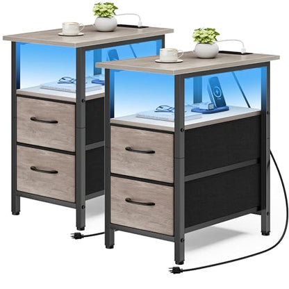 Set of 2 Nightstand with Charging Station and LED Lights, Narrow Side Table, LED Night Stand with 2 Fabric Drawers, Bedside Table Small End Table, Tall Nightstand for Bedroom, Rustic Grey - color: Greige, size: 2, style: With LEDs