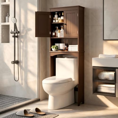 Bealife Over The Toilet Storage Cabinet with Open Shelf - Espresso | Over Toilet Bathroom Organizer with Adjustable Shelf and Double Doors, Space Saver Free Standing Storage Shelf for Bathroom - color: Brown