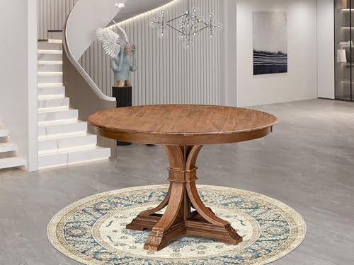 FE7-0N-TP Modern Dining Table with Acacia Wood Round Tabletop and Elegant Pedestal Base - Antique Walnut Finish - color: Fe7-0n-tp, size: 48x48 Inch