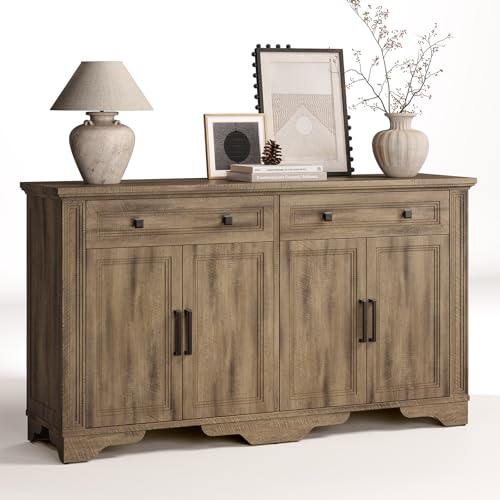 55" Sideboard Buffet Cabinet, Large Credenza Washed Brown | Kitchen Buffet Storage Cabinet, Coffee Bar Cabinet, Console Table, Wood, with 4 Doors, for Living Room Hallway - color: Washed Brown, size: 55 Inch