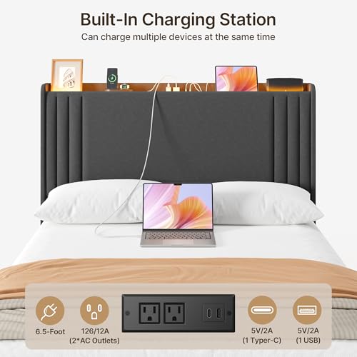 Gizoon Full Bed Frame with Charging Station and LED Lights | Upholstered Wingback Platform Bed with Padded Headboard,Wooden Slats,Noise-Free,No Box Spring Needed, Easy Assembly,Dark Grey - color: Dark Grey+led, size: Full