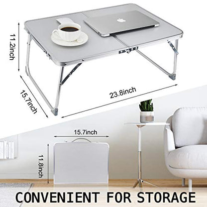 RAINBEAN Foldable Laptop Table for Bed Lightweight Breakfast Bed Tray Portable Mini Picnic Storage Space Standing Holder, Folding Leg Desk Notebook Lap Table for Kids Reading -Silver