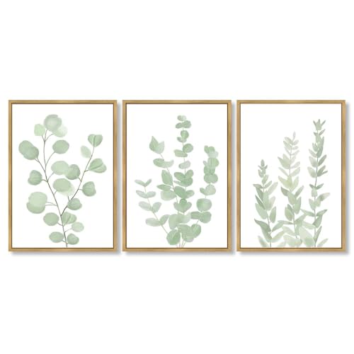 Drsoum Framed Botanical Plant Canvas Wood Wall Art Light Green Sage Wall Decor Eucalyptus Leaf Picture for Bedroom Living Room Bathroom Office 12”x 16” x 3pcs - color: Botanical Wall Art, Natural Frames, size: 12''x 16''x 3pcs