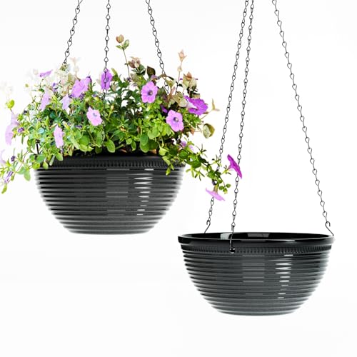 10 Inch Hanging Planters, Glazed Hanging Basket with Drainage Holes, 2 Pack | Hanging Planters for Indoor Outdoor Plants, Plant Hangers for Garden Home - color: Black, size: 10inch