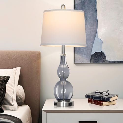 Rinweey 27.5" Gray Clear Glass Table Lamp Set of 2,3-Way Dimmable Touch Control Bedside Lamps with USB Ports and AC Outlet, Modern Nightstand Lamps for Bedroom Living Room - color: Grey-2