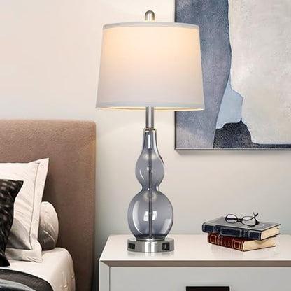 Rinweey 27.5" Gray Clear Glass Table Lamp Set of 2,3-Way Dimmable Touch Control Bedside Lamps with USB Ports and AC Outlet, Modern Nightstand Lamps for Bedroom Living Room - color: Grey-2