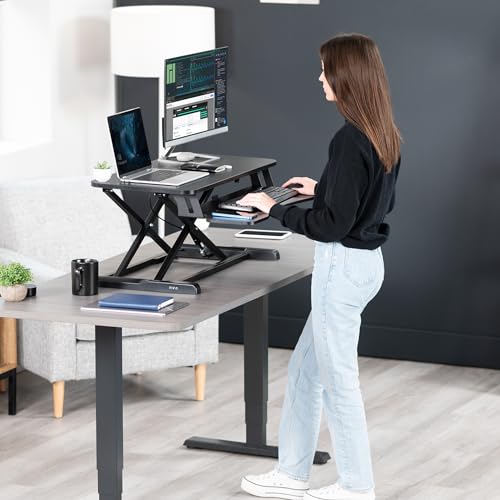 VIVO 32 inch Desk Converter, K Series, Height Adjustable Sit to Stand Riser, Dual Monitor and Laptop Workstation with Wide Keyboard Tray, Black, DESK-V000K | Height Adjustable, Stand Up Desk Riser, Wide Keyboard Tray, Dual Monitor and Laptop Workstation,